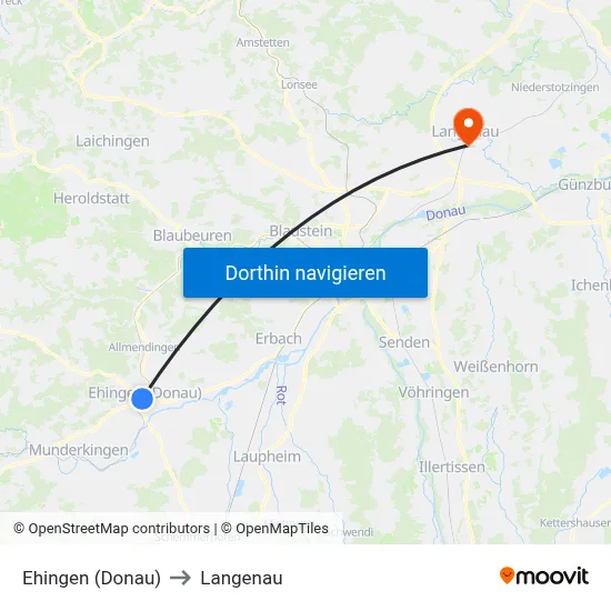 Ehingen (Donau) to Langenau map