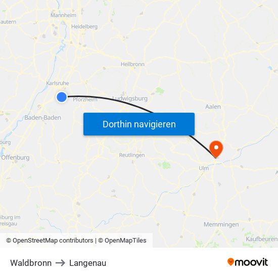 Waldbronn to Langenau map