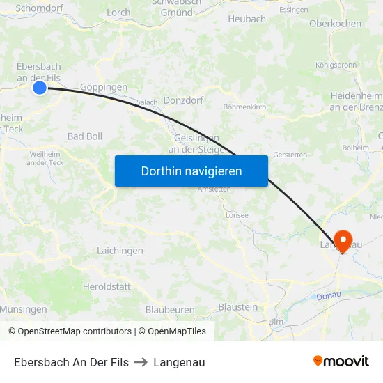 Ebersbach An Der Fils to Langenau map