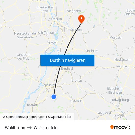 Waldbronn to Wilhelmsfeld map