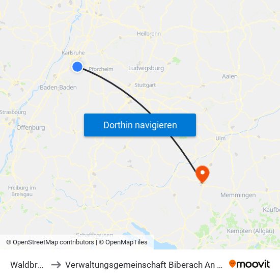 Waldbronn to Verwaltungsgemeinschaft Biberach An Der Riß map