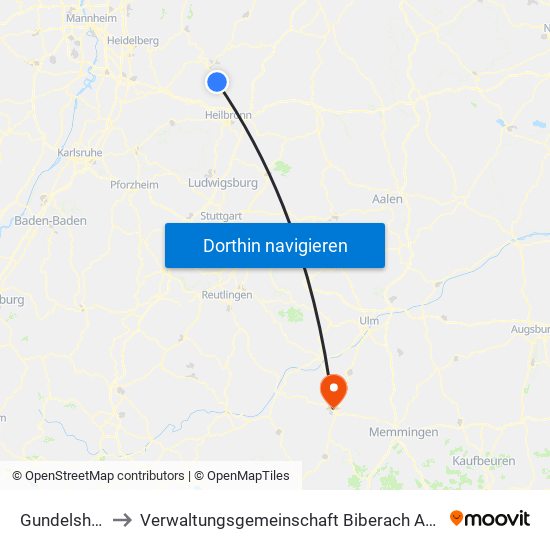 Gundelsheim to Verwaltungsgemeinschaft Biberach An Der Riß map