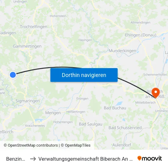 Benzingen to Verwaltungsgemeinschaft Biberach An Der Riß map