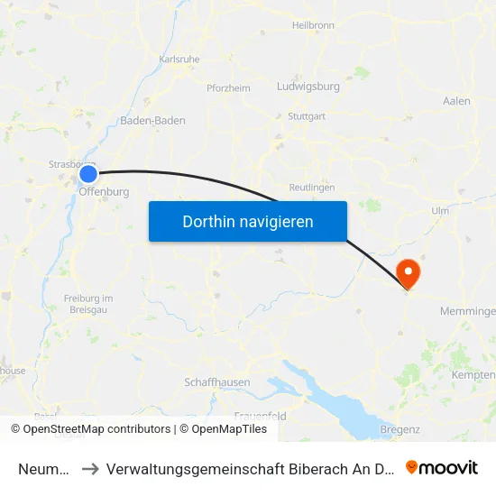 Neumühl to Verwaltungsgemeinschaft Biberach An Der Riß map