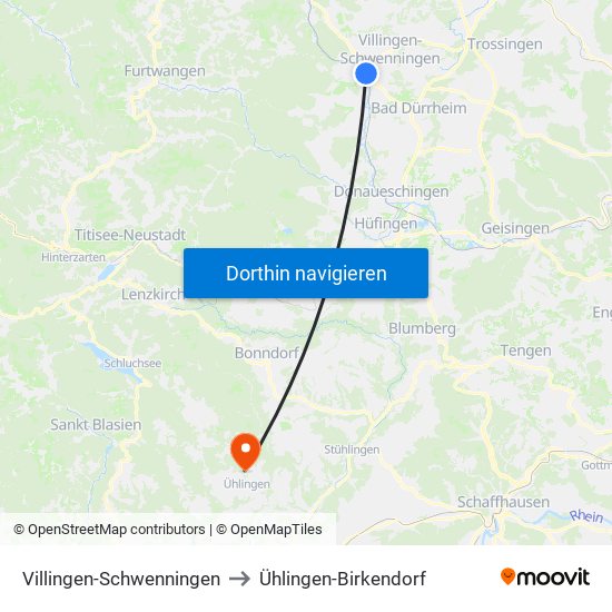 Villingen-Schwenningen to Ühlingen-Birkendorf map