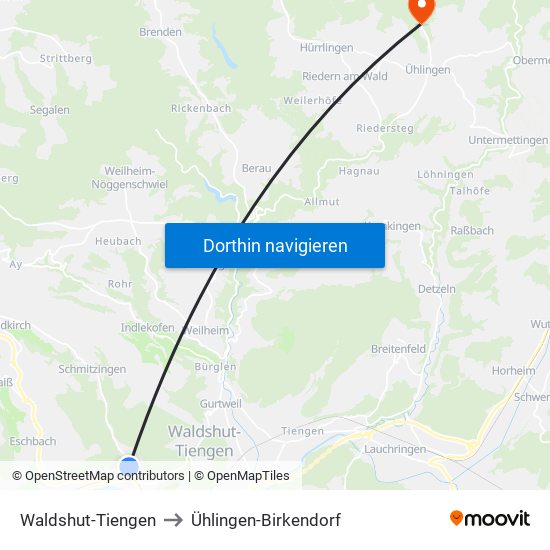 Waldshut-Tiengen to Ühlingen-Birkendorf map