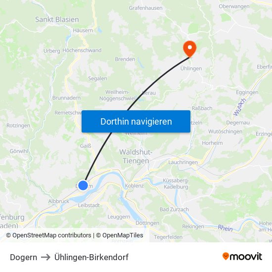 Dogern to Ühlingen-Birkendorf map