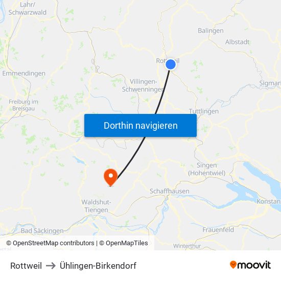 Rottweil to Ühlingen-Birkendorf map