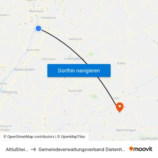 Altlußheim to Gemeindeverwaltungsverband Dietenheim map