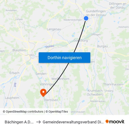 Bächingen A.D.Brenz to Gemeindeverwaltungsverband Dietenheim map