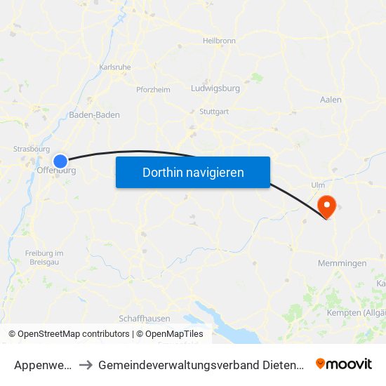 Appenweier to Gemeindeverwaltungsverband Dietenheim map
