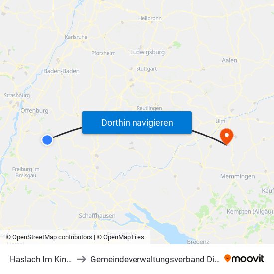 Haslach Im Kinzigtal to Gemeindeverwaltungsverband Dietenheim map