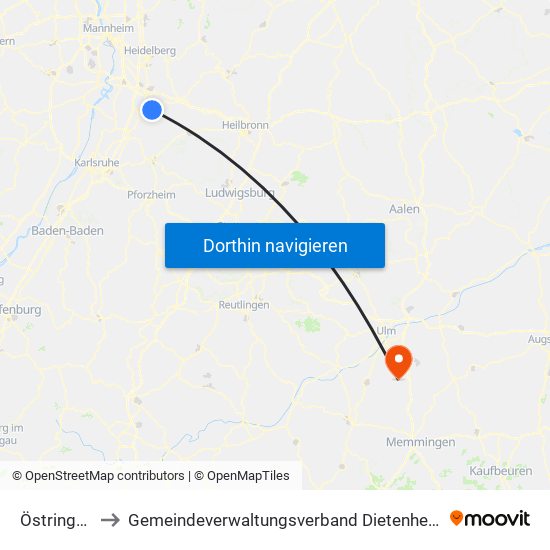 Östringen to Gemeindeverwaltungsverband Dietenheim map