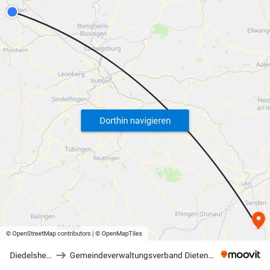 Diedelsheim to Gemeindeverwaltungsverband Dietenheim map