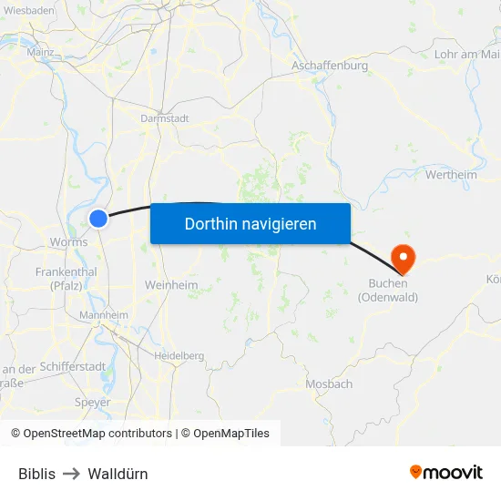 Biblis to Walldürn map