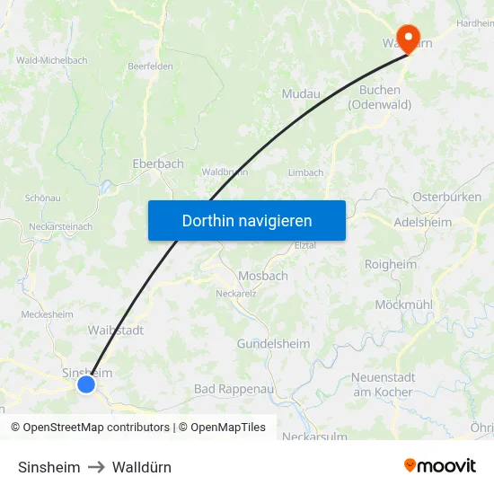 Sinsheim to Walldürn map
