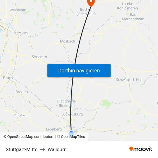 Stuttgart-Mitte to Walldürn map