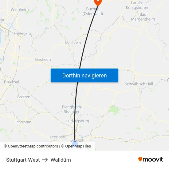 Stuttgart-West to Walldürn map