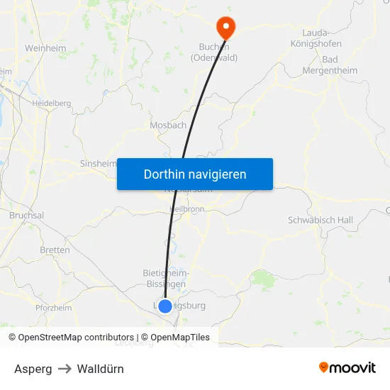 Asperg to Walldürn map