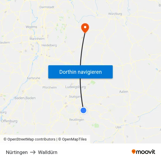 Nürtingen to Walldürn map