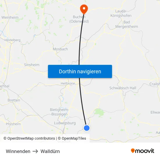Winnenden to Walldürn map