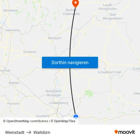 Weinstadt to Walldürn map