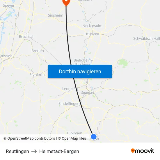 Reutlingen to Helmstadt-Bargen map