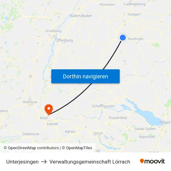 Unterjesingen to Verwaltungsgemeinschaft Lörrach map