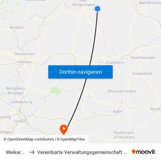 Weikersheim to Vereinbarte Verwaltungsgemeinschaft Der Stadt Uhingen map