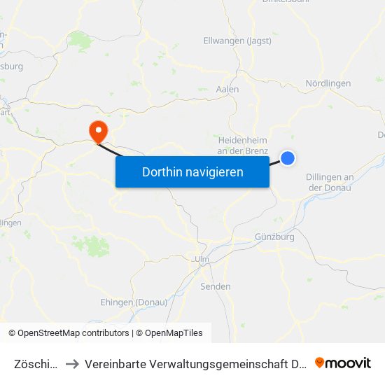 Zöschingen to Vereinbarte Verwaltungsgemeinschaft Der Stadt Uhingen map