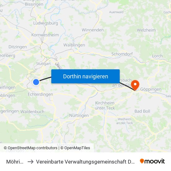 Möhringen to Vereinbarte Verwaltungsgemeinschaft Der Stadt Uhingen map