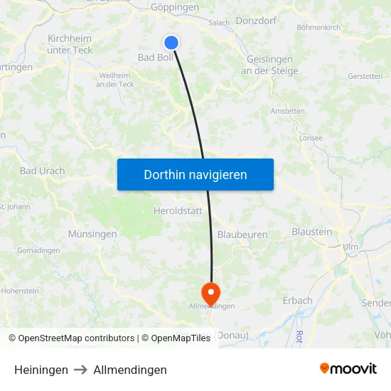 Heiningen to Allmendingen map