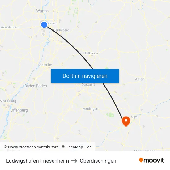 Ludwigshafen-Friesenheim to Oberdischingen map