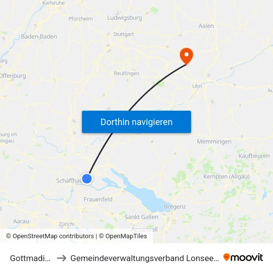 Gottmadingen to Gemeindeverwaltungsverband Lonsee-Amstetten map