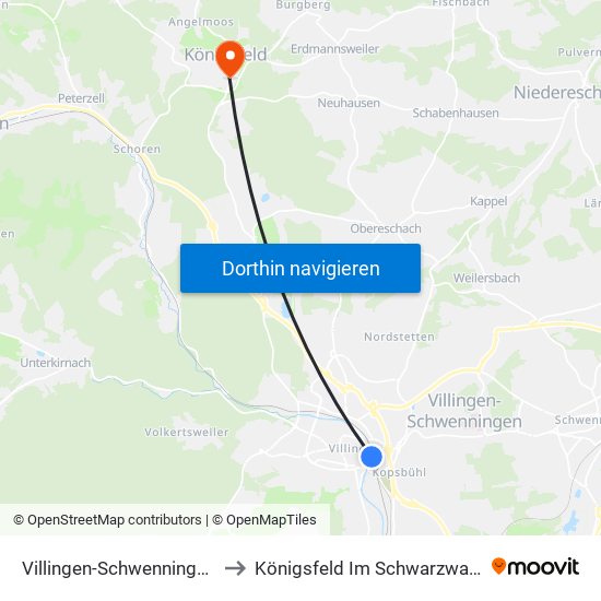 Villingen-Schwenningen to Königsfeld Im Schwarzwald map