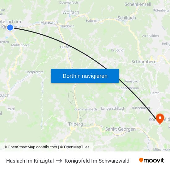 Haslach Im Kinzigtal to Königsfeld Im Schwarzwald map