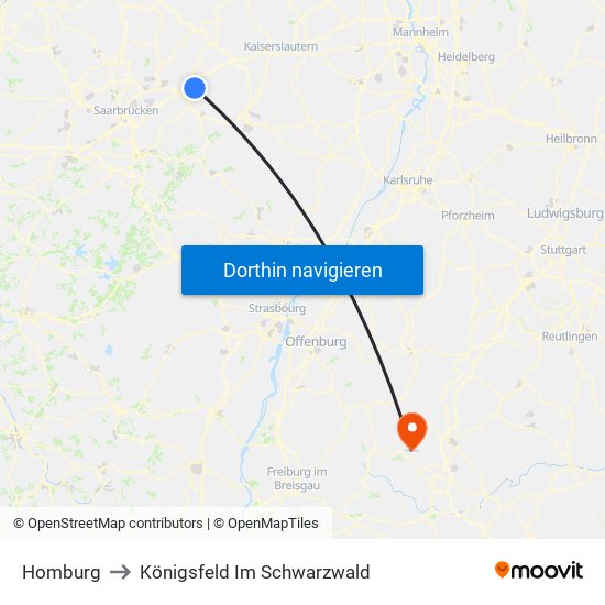 Homburg to Königsfeld Im Schwarzwald map