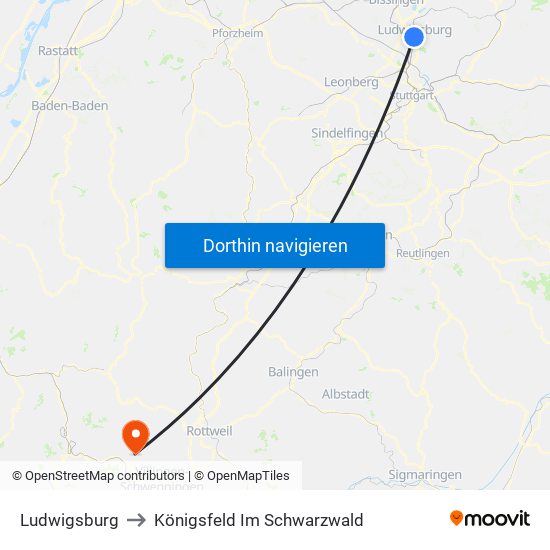 Ludwigsburg to Königsfeld Im Schwarzwald map