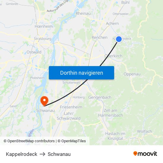 Kappelrodeck to Schwanau map