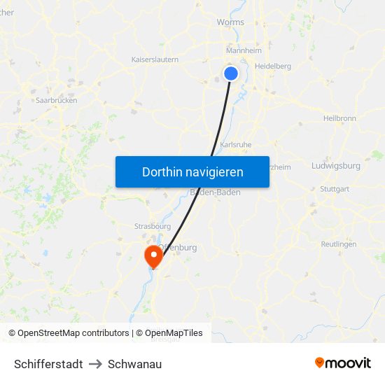 Schifferstadt to Schwanau map