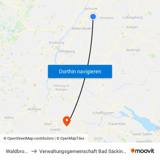 Waldbronn to Verwaltungsgemeinschaft Bad Säckingen map