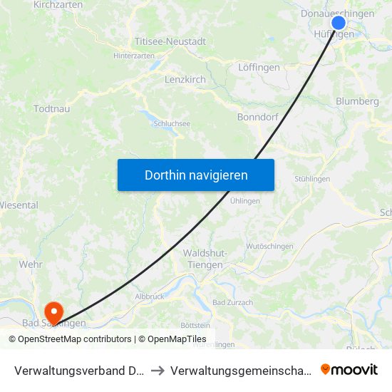 Verwaltungsverband Donaueschingen to Verwaltungsgemeinschaft Bad Säckingen map
