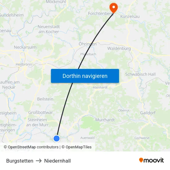 Burgstetten to Niedernhall map