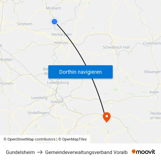 Gundelsheim to Gemeindeverwaltungsverband Voralb map