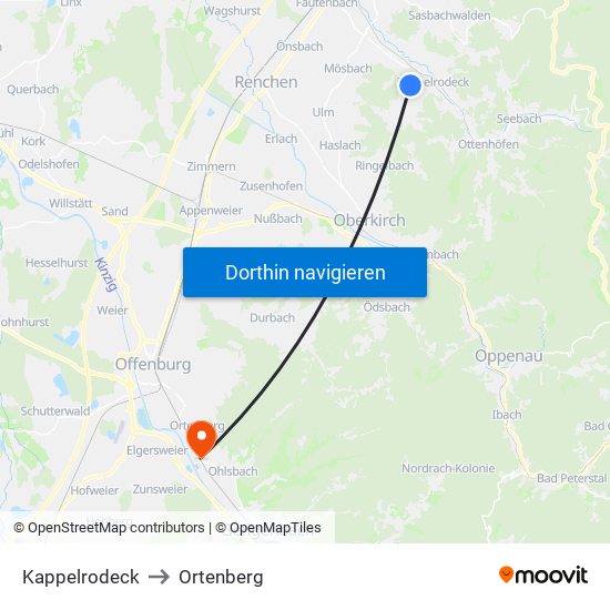 Kappelrodeck to Ortenberg map