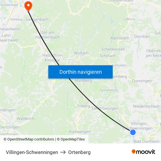 Villingen-Schwenningen to Ortenberg map