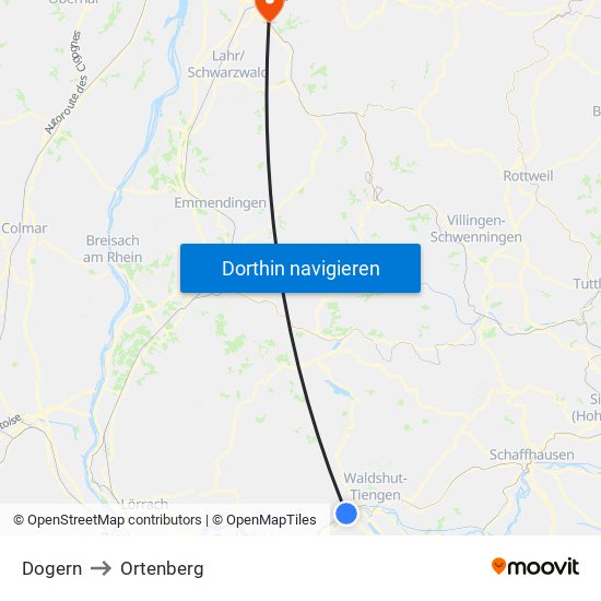 Dogern to Ortenberg map