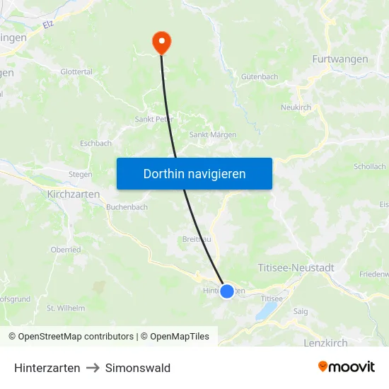 Hinterzarten to Simonswald map