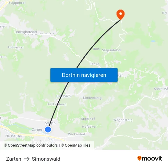 Zarten to Simonswald map