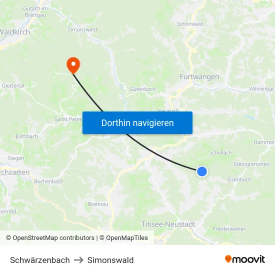 Schwärzenbach to Simonswald map